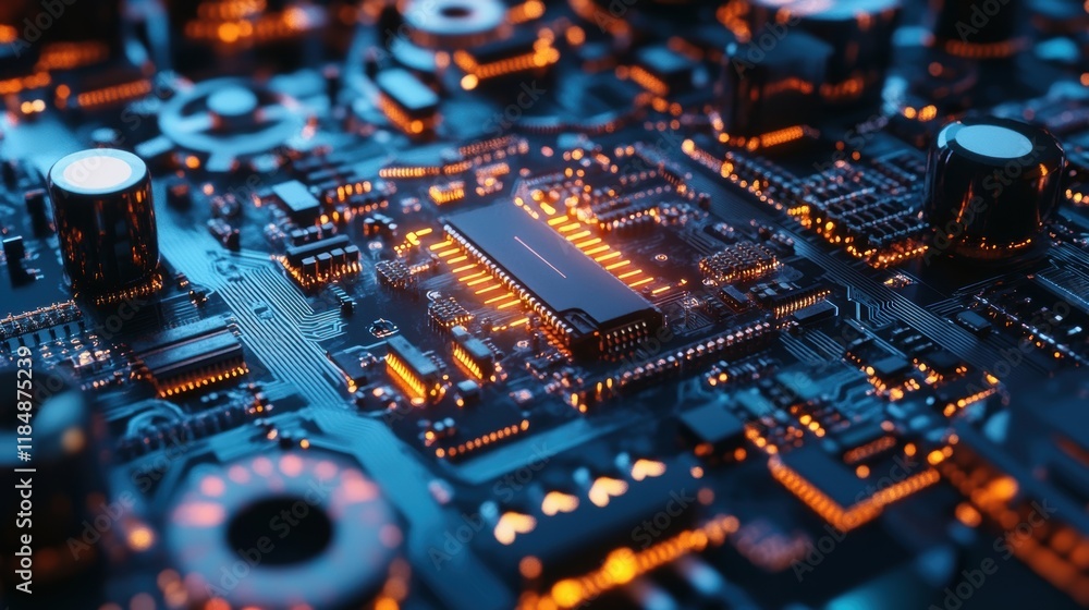 Fototapeta premium Close up view of a complex electronic circuit board, highlighting data processing with glowing orange lights, suggesting advanced technology and innovation in computing