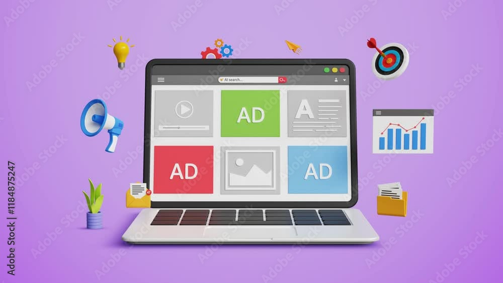 Digital marketing, content planning and advertising strategy. Business AI technology in marketing and sales. SEO optimization. 3D laptop screen with ads and content promotion. 4k 3D animation Digital marketing, content planning and advertising strategy. Business AI technology in marketing and sales. SEO optimization. 3D laptop screen with ads and content promotion. 4k 3D animation