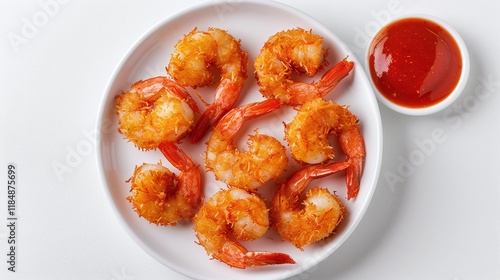Crispy fried shrimp in a white bowl, served with spicy dipping sauce, flat lay on a white background with copy space, seafood appetizer and snack concept

