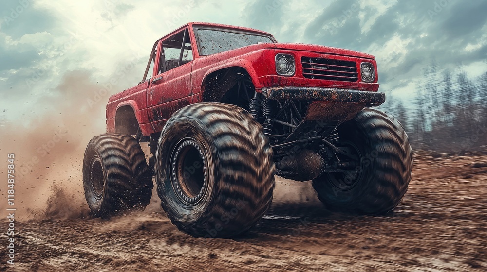Red Monster Truck Racing Through Muddy Terrain Red Monster Truck Racing Through Muddy Terrain