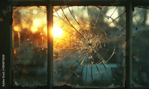 Shattered window pane; sunset glows through cracks.