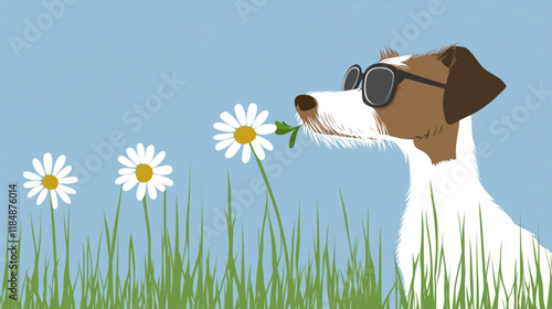 A charming vector design of a curious dog sniffing a flower, rendered with minimal lines and solid colors, perfect for logos, greeting cards, and simple illustrations.