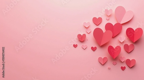 A Pink Background Featuring Scattered Red and Pink Paper Hearts in a Minimalist Design.