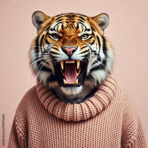 Angry Tiger Wearing a Sweater Growling Against a Neutral Background