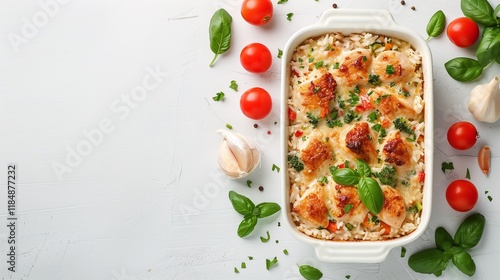 Baked chicken and rice casserole in a white baking dish on a white background, garnished with cherry tomatoes, basil, and garlic, flat lay composition with copy space, family meal concept

