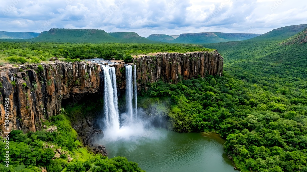 Fototapeta premium A breathtaking waterfall cascades over cliff edges, surrounded by lush greenery and dramatic clouds in a serene natural landscape.