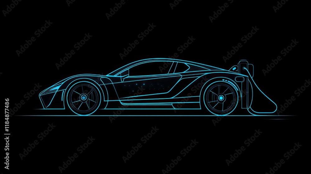 Futuristic sports car design, sleek lines, glowing blue outline on black background. Futuristic sports car design, sleek lines, glowing blue outline on black background.