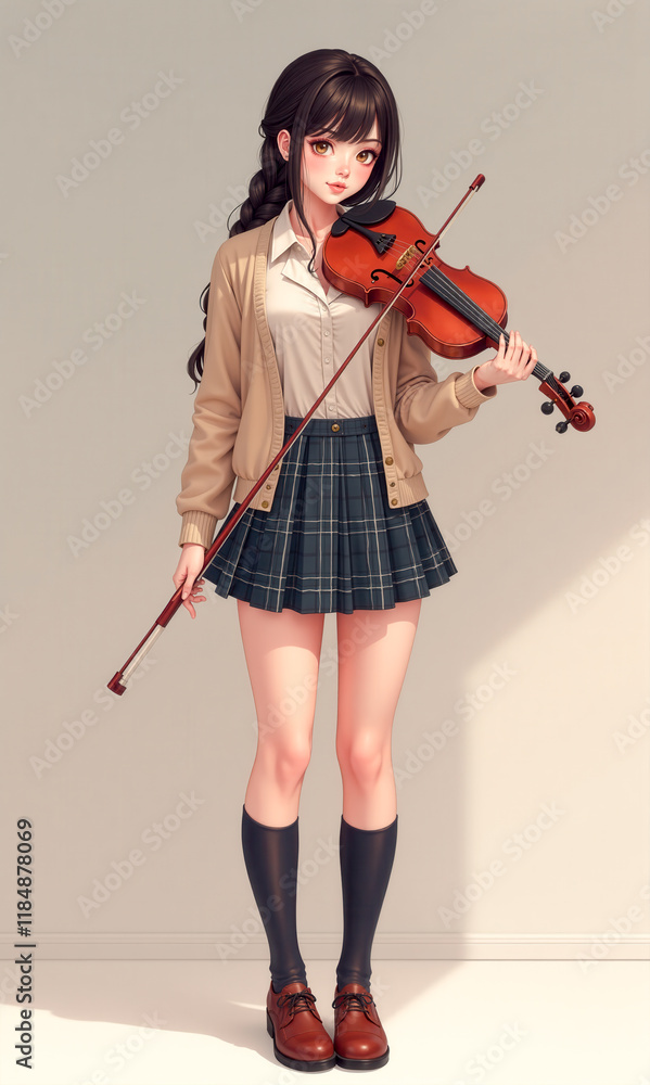Young woman in school uniform playing violin in a bright, minimalistic room during afternoon Young woman in school uniform playing violin in a bright, minimalistic room during afternoon