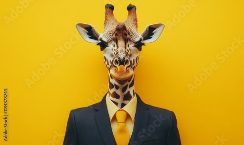 Giraffe in suit and tie on yellow background. Creative marketing campaign concept, Generative AI photo