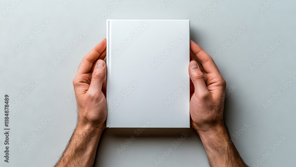 Hands Holding Empty White Book Mockup on Light Gray Background Hands Holding Empty White Book Mockup on Light Gray Background