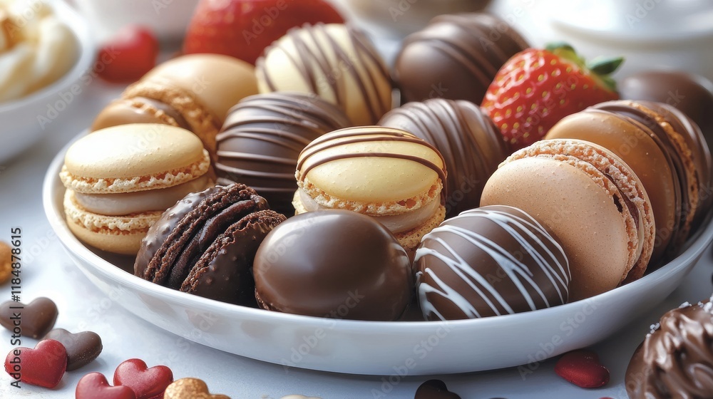 Assorted macarons and chocolates on a plate with strawberries Assorted macarons and chocolates on a plate with strawberries