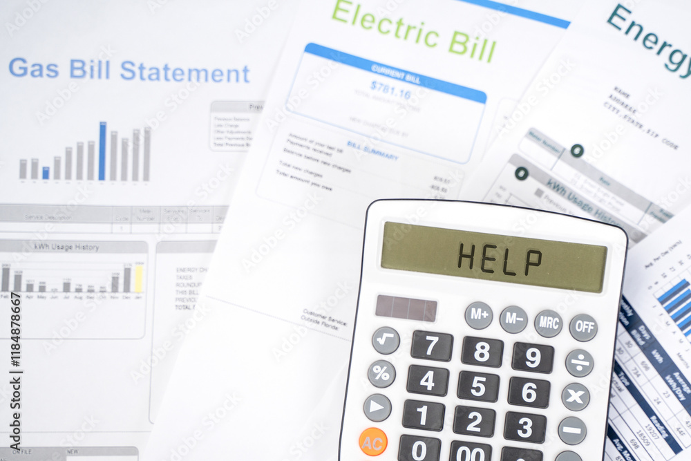 Cost of living concept.Electricity and energy bills by state monthly report close up Cost of living concept.Electricity and energy bills by state monthly report close up