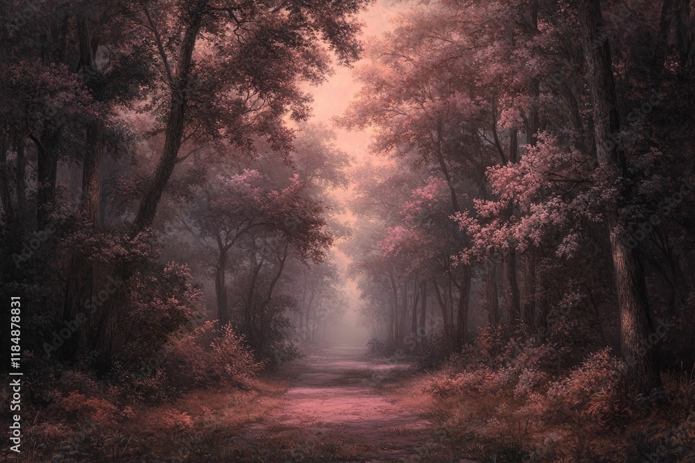 Obraz premium Misty path through a reddish-brown forest.