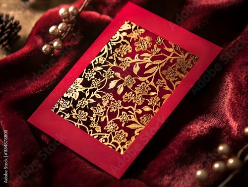 Intricate Laser-Cut Invitation Card on Luxurious Velvet Backdrop