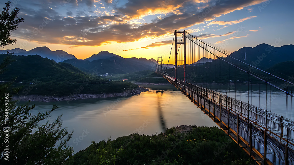 Fototapeta premium A bridge spans a river with a beautiful sunset in the background. generated using AI