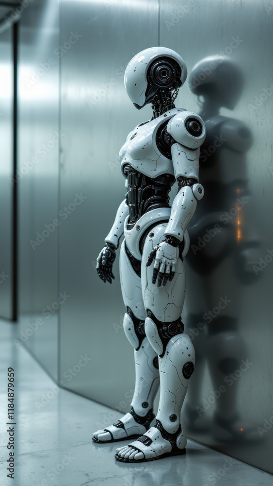 Futuristic humanoid robot standing in an industrial setting with a reflective floor. Futuristic humanoid robot standing in an industrial setting with a reflective floor.