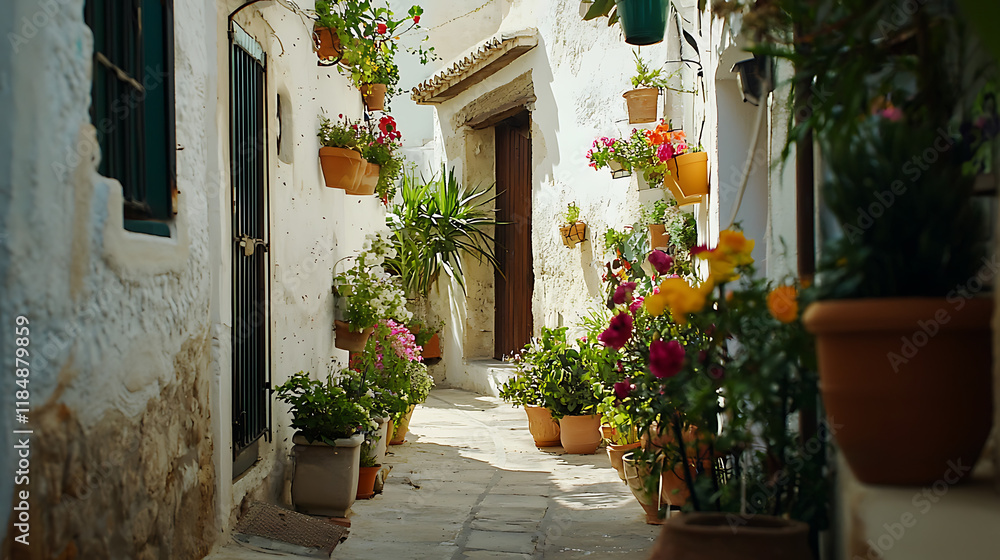 Fototapeta premium A narrow alleyway with a white building and a row of potted plants. generated using AI
