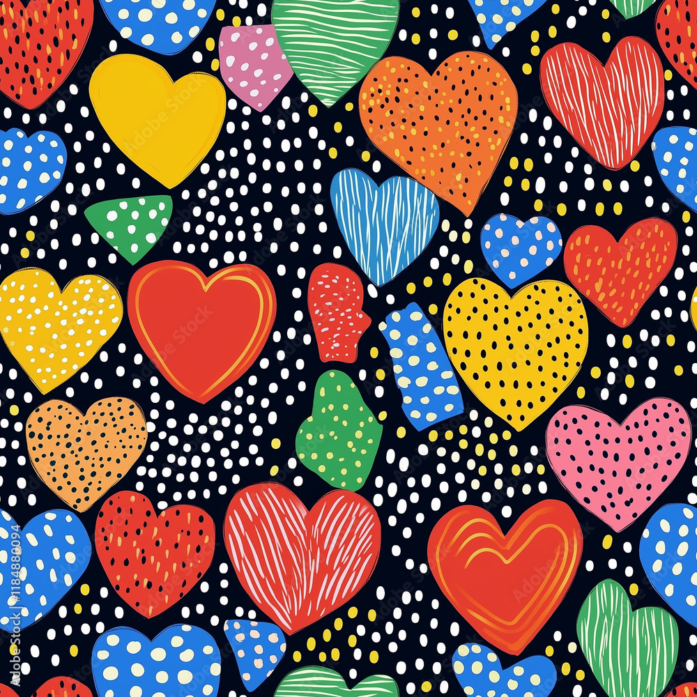 Bright polka dot black and white with bold rainbow colored hearts - seamless background with hearts Bright polka dot black and white with bold rainbow colored hearts - seamless background with hearts