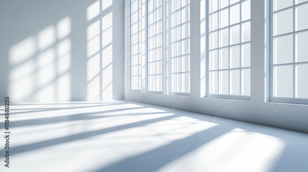 Bright and serene interior space with large grid windows casting soft geometric shadows on a white floor, showcasing minimalistic architectural design Bright and serene interior space with large grid windows casting soft geometric shadows on a white floor, showcasing minimalistic architectural design