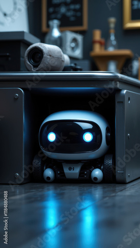 A small AI robot hiding inside an open drawer.