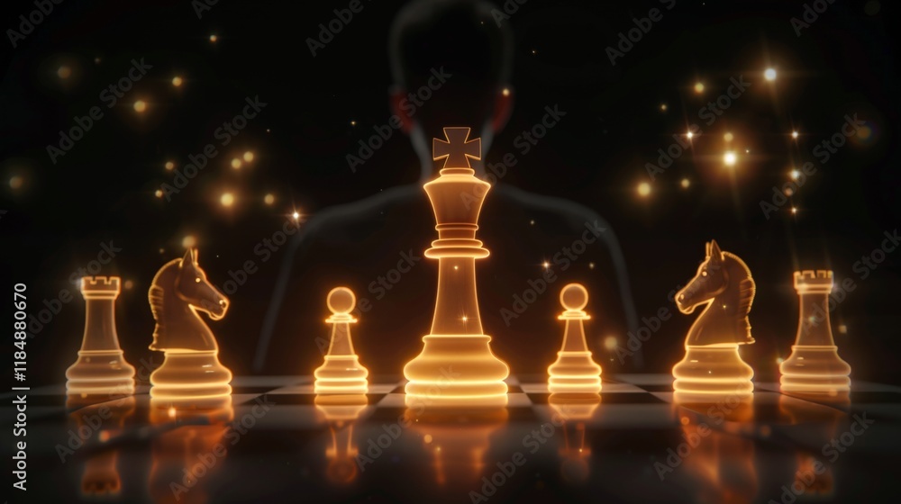 A chess board with a man in the background and a king in the middle. The chess pieces are lit up and the man is in silhouette. Scene is mysterious and intriguing A chess board with a man in the background and a king in the middle. The chess pieces are lit up and the man is in silhouette. Scene is mysterious and intriguing