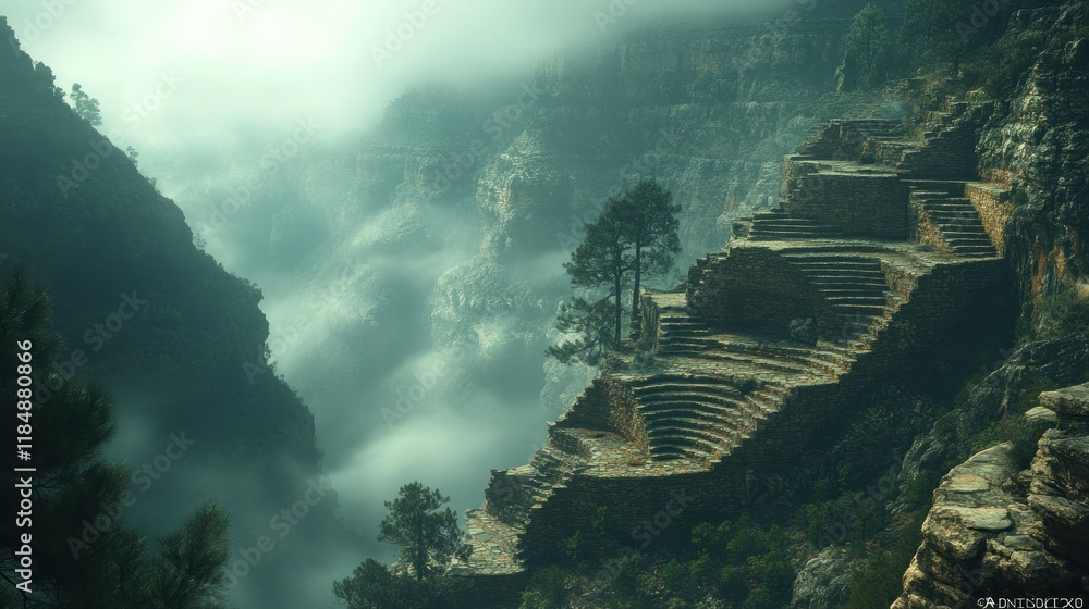 Fototapeta premium Misty mountain ruins, ancient stone terraces.