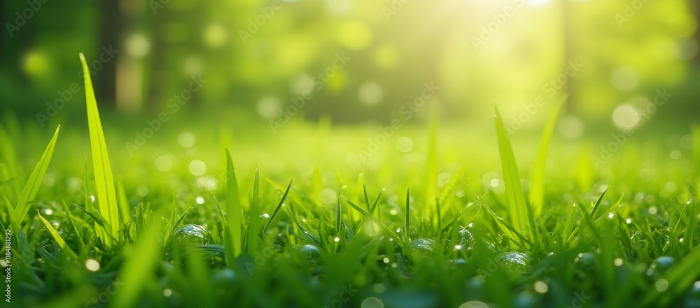 Fototapeta premium Lush Green Spring Meadow: Dew-Kissed Green Grass, Close-Up View of Nature's Freshness. Spring. Sunny morning. Rural meadow. Panorama. For Backgrounds, Wallpapers, Postcards, Social Media, and Banners.