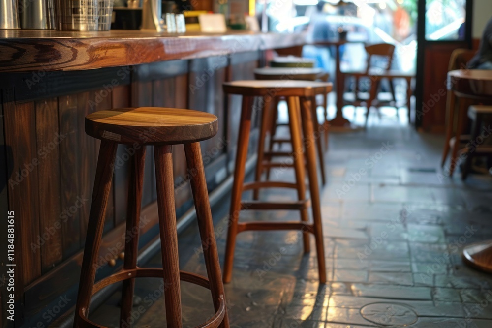 Bar with a wooden floor and a long counter. There are four wooden stools lined up at the counter Bar with a wooden floor and a long counter. There are four wooden stools lined up at the counter