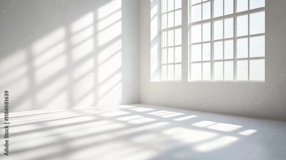 Illuminated modern space with white walls and large windows creating intricate light and shadow patterns in an open and serene interior Illuminated modern space with white walls and large windows creating intricate light and shadow patterns in an open and serene interior