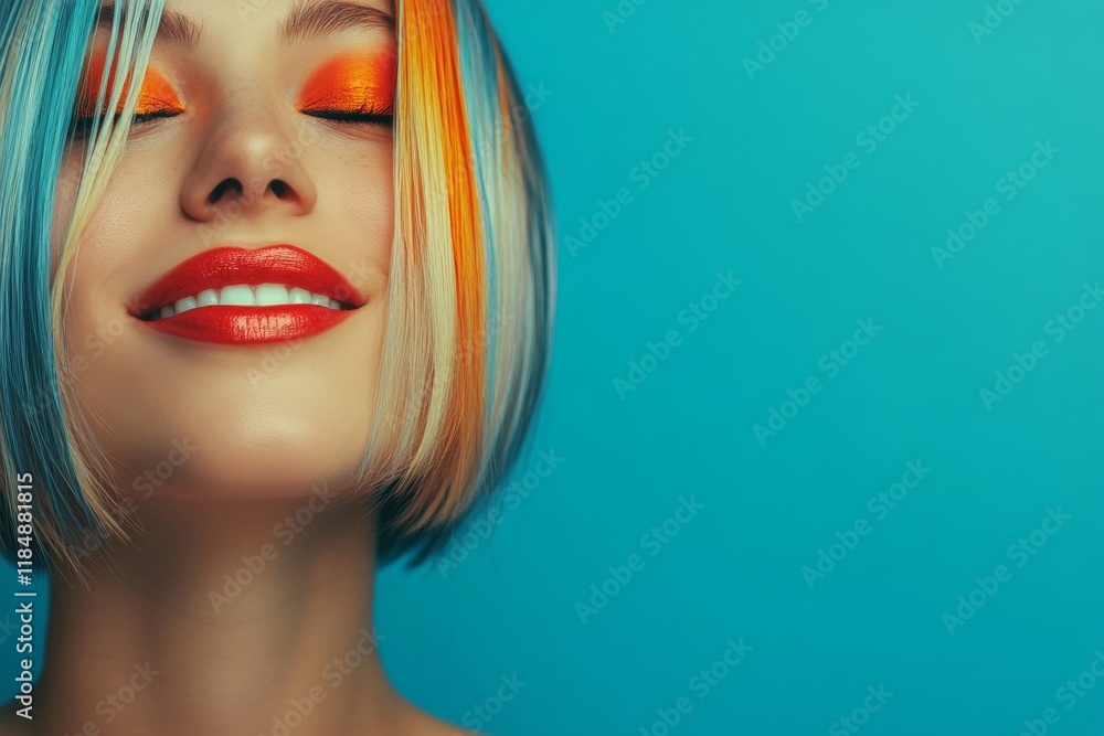 Commercial ad campaign concept visual visual design. Short haircut - multicolored hair. Attractive smiling mixed-race girl - for ads, brochure and digital use. Bold advertising portraits. Commercial ad campaign concept visual visual design. Short haircut - multicolored hair. Attractive smiling mixed-race girl - for ads, brochure and digital use. Bold advertising portraits.