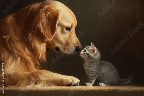 A golden retriever dog and a small gray and white kitten playing together The cat is sitting on its haunches with one paw raised in front of its face, as if about to gently touch Generative AI photo