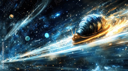 A stylized snail hurtles through space, surrounded by cosmic energy streams and celestial bodies. photo