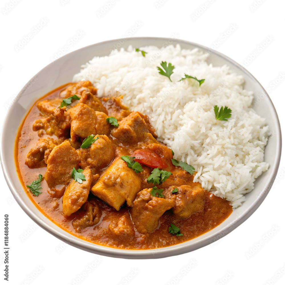 plate of indian chicken masala curry and white rice on transparent background plate of indian chicken masala curry and white rice on transparent background