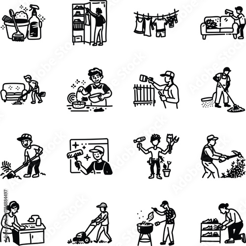 Hand Drawn Household Chores Icons Set 