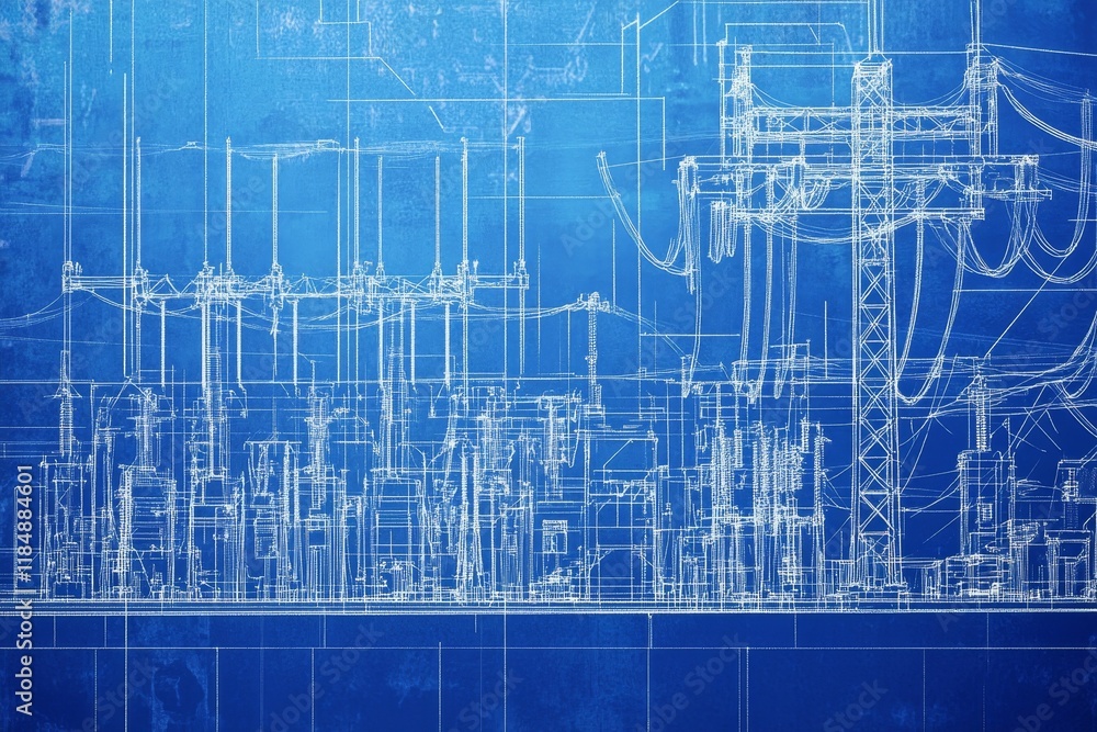 Blueprint depicts complex electrical power infrastructure. Blueprint depicts complex electrical power infrastructure.