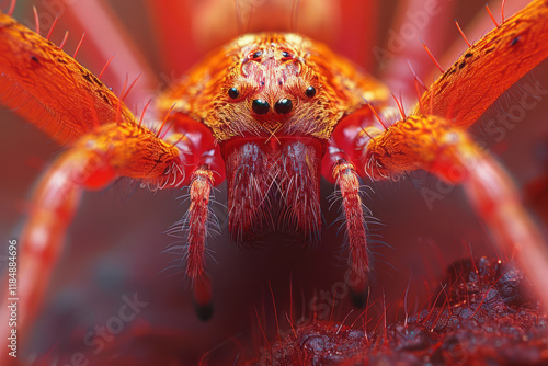 macro shot of a spider with bright orange and red coloring.   photo