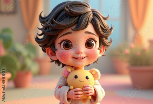 Adorable 3D rendered toddler girl with short brown hair, cherubic face, and rosy cheeks, gently holding a cute plush toy.