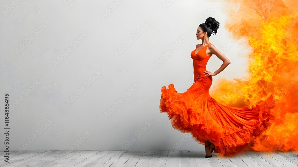 A woman in an orange dress twirls gracefully, surrounded by a burst of vibrant flames, creating a striking, dynamic visual effect. A woman in an orange dress twirls gracefully, surrounded by a burst of vibrant flames, creating a striking, dynamic visual effect.