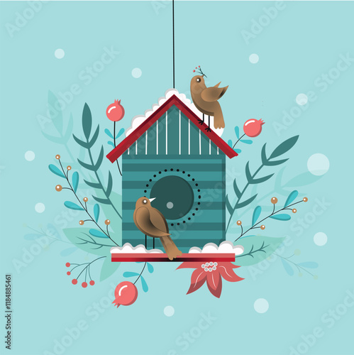 brid and birdhouse in snow