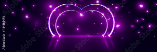  Futuristic modern empty stage with reflective dark room, glowing neon heart shape, and cloud. 3D render for romantic, tech, and creative design projects.
