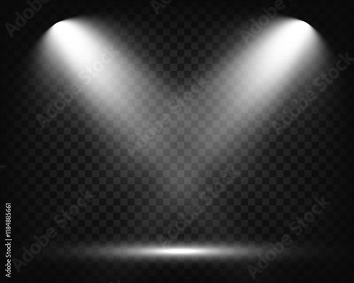 Empty spotlight stage with dark gradient background and bright beams of light illuminating the center. Suitable for presentations, performances, or dramatic effects.
