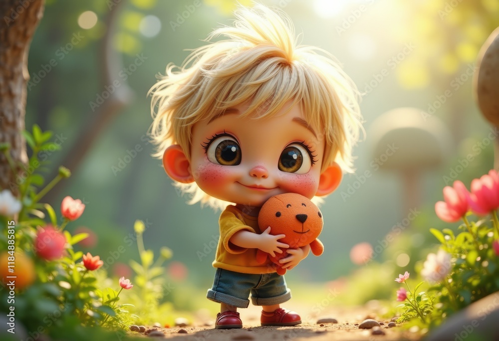 Adorable 3D rendered toddler boy with blond hair happily hugging his orange stuffed animal in a sunlit garden. Adorable 3D rendered toddler boy with blond hair happily hugging his orange stuffed animal in a sunlit garden.