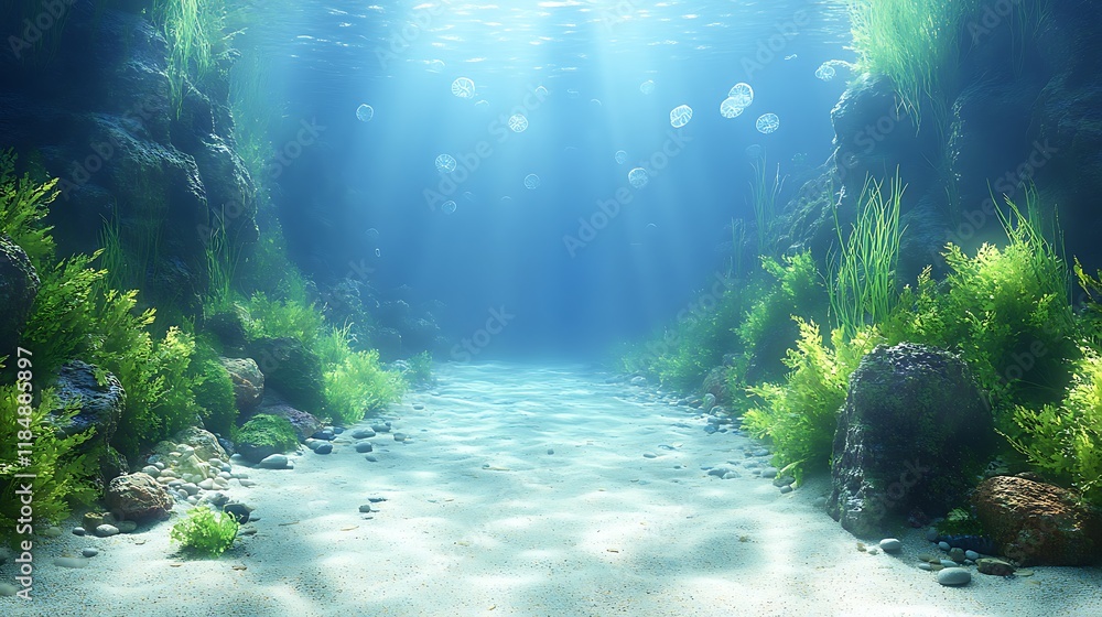 Fototapeta premium Serene Underwater Scene With Sandy Path And Jellyfish