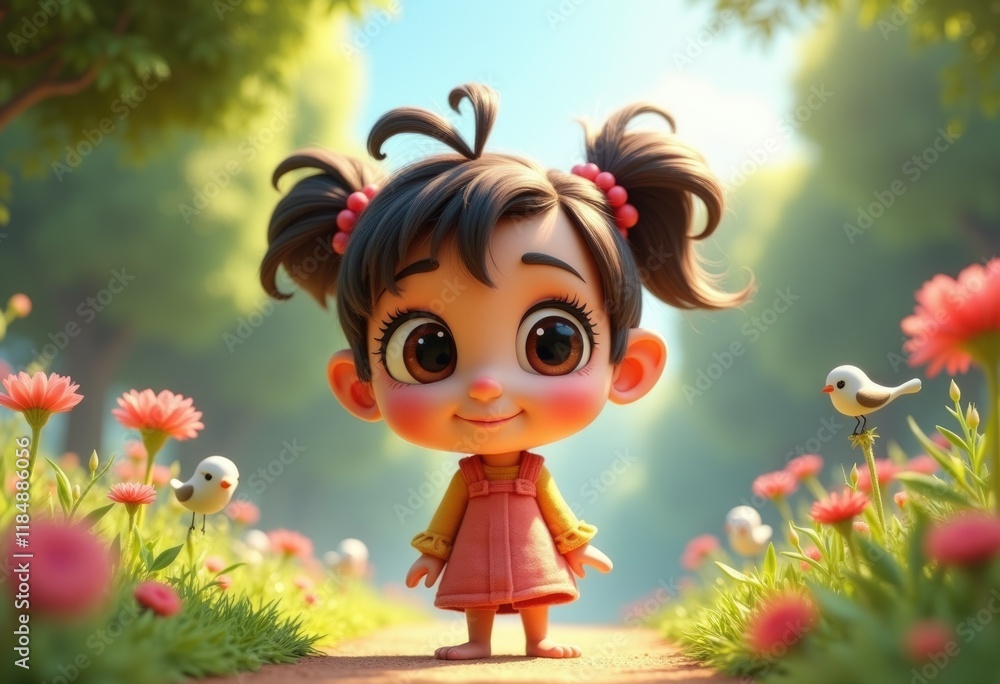 Adorable 3D cartoon girl with pigtails smiles in a flower garden with two birds. Adorable 3D cartoon girl with pigtails smiles in a flower garden with two birds.