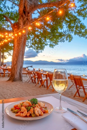 Deliciosos camarones a la parrilla servidos en un ambiente relajado junto al mar al atardecer photo