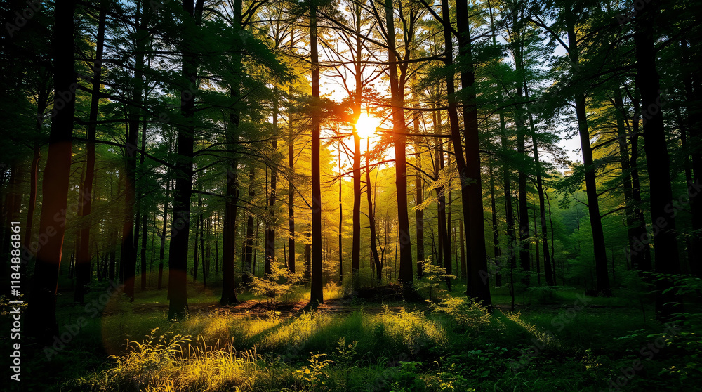 Obraz premium A golden hour forest landscape, filled with tranquil beauty and the soft glow of the setting sun casting warmth over the peaceful woods