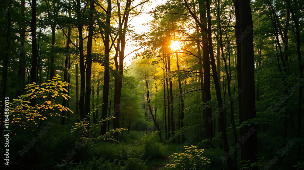 Obraz premium A golden hour forest landscape, filled with tranquil beauty and the soft glow of the setting sun casting warmth over the peaceful woods
