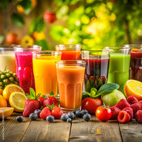 Colorful fruit smoothies in glasses.