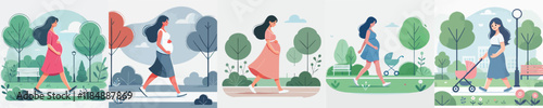 pregnant woman vector set walking in the park