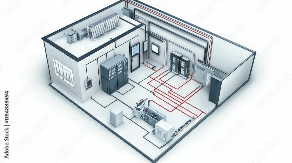Room's complex system: machinery, pipes, screens, and wiring. Room's complex system: machinery, pipes, screens, and wiring.